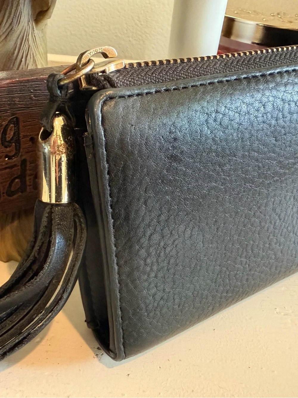 Kate Spade New York Black Leather Zip Around Wristlet Wallet Gold Tassel